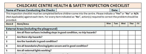 Child Care Centre Health and Safety Inspection Checklist