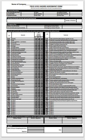 One-Page Field Level Hazard Assessment Checklist